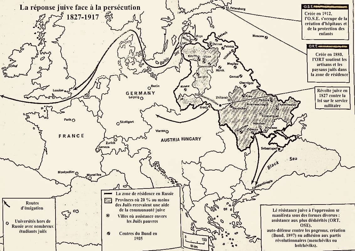 1 - Présence juive en France au début du 20ème siècle : Israélites et immigrés juifs d’Europe de l’Est 69 5I A1005 1 5b.11 06 carte la reponse des Juifs de Russie face persecution copie 0 MRJ MOI