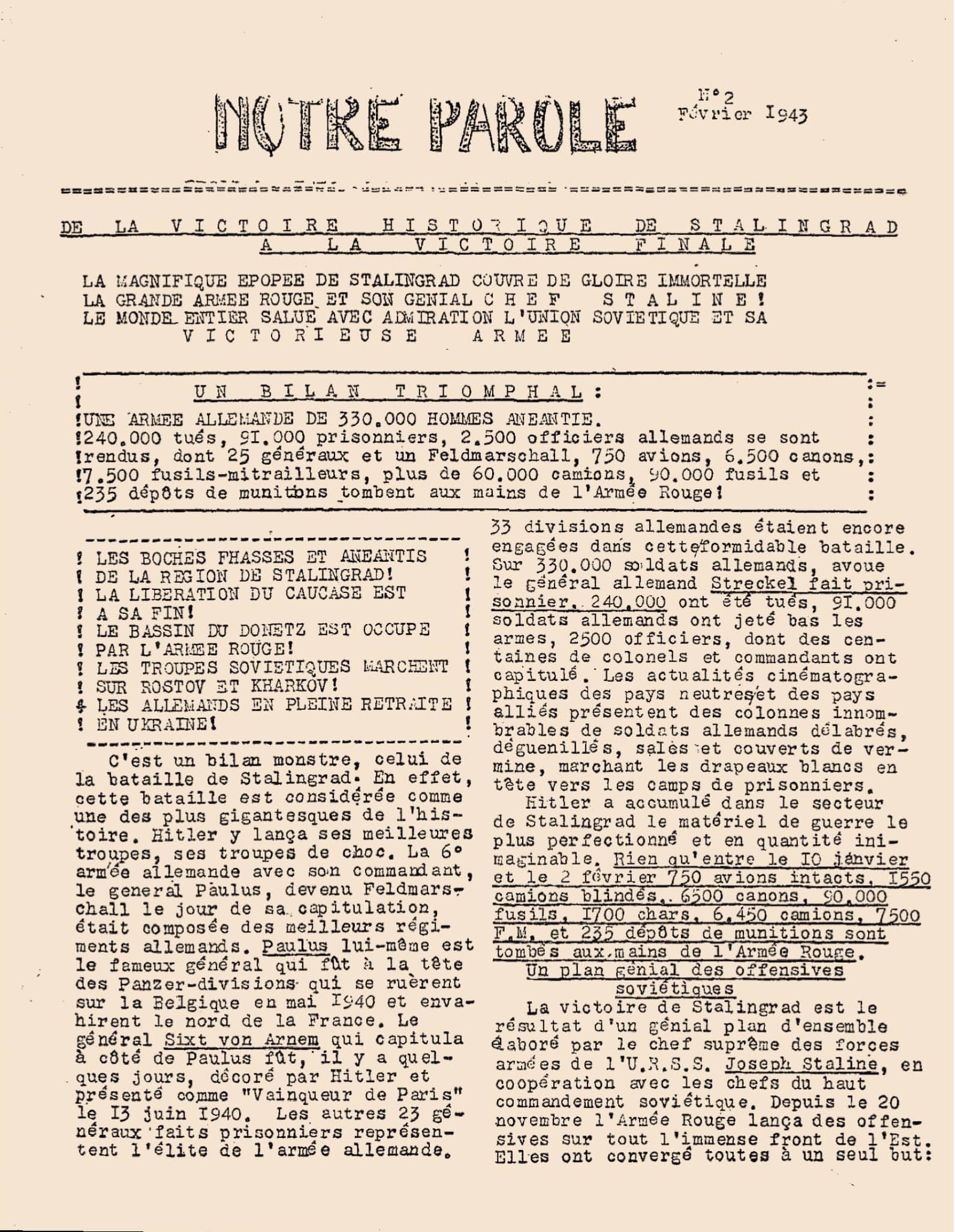 2 - Accélération de la déportation. Armée nazie en déroute 36 s10.pa2 .006 notre parole fev 1943 mg MRJ MOI