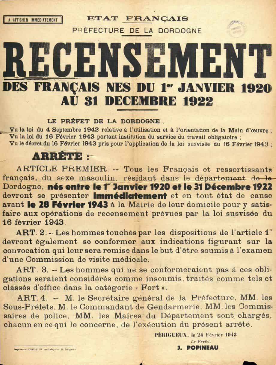 1 - Service du travail obligatoire et propagande 18 s12.pa1 .003 affiche recensement sto 1943 MRJ MOI