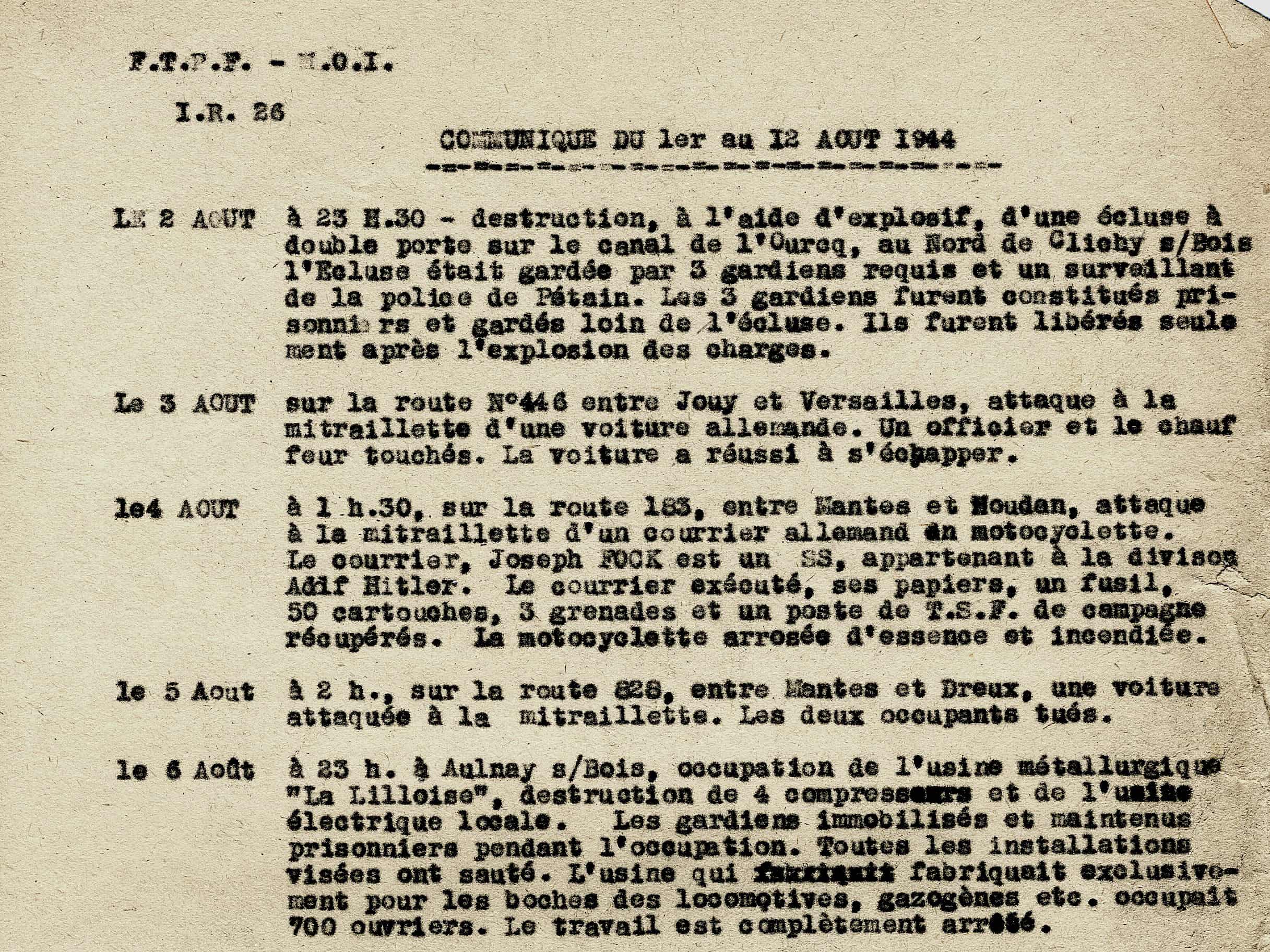 3 - Débarquement allié. Démultiplication des actions de Résistance 50 s14.pa3 .019 rapport actions ftp aout44 MRJ MOI
