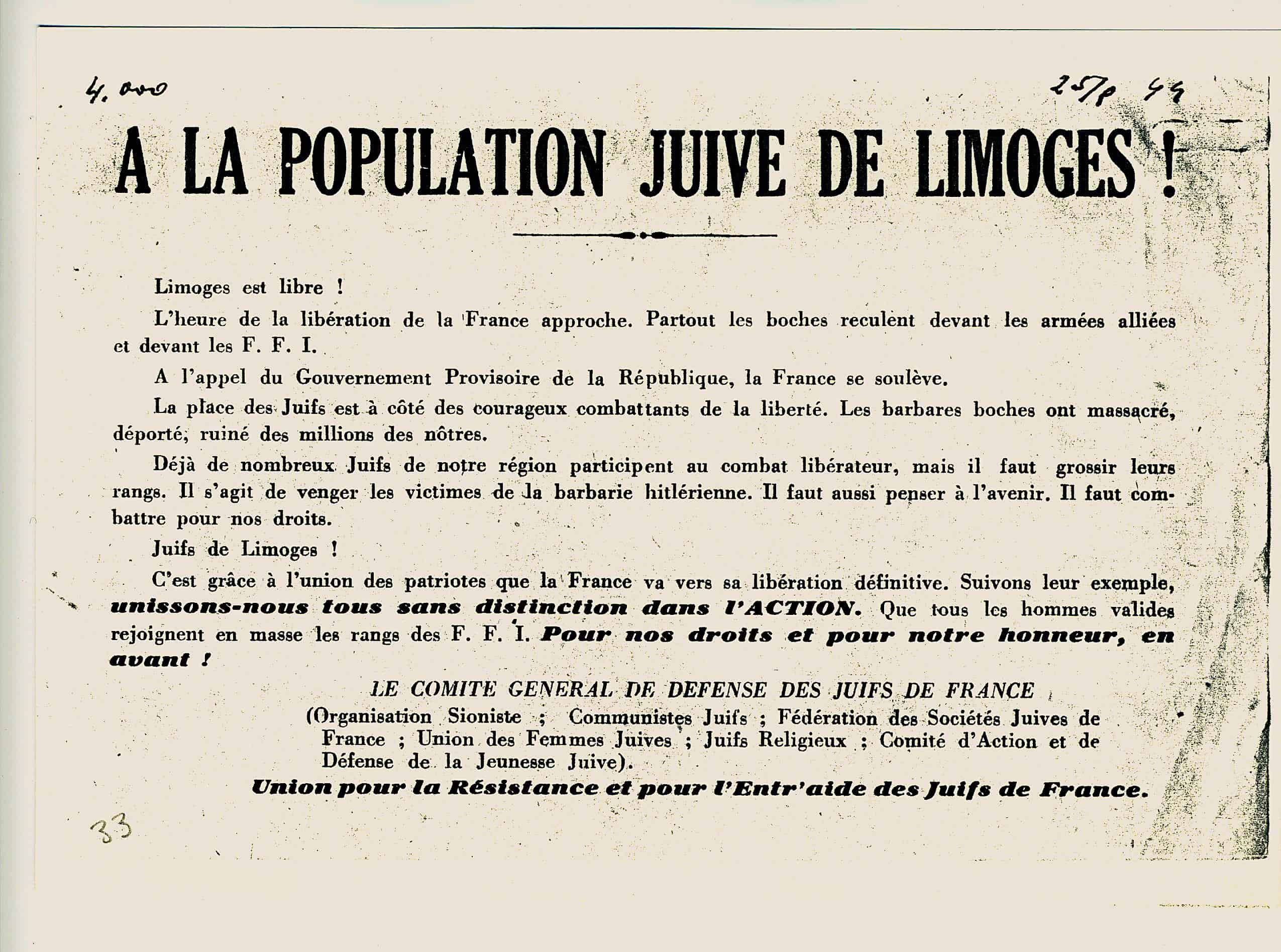 4 - Insurrections populaires. Engagement des jeunes Juifs 47 s14.pa4 .016 tract ujre limoges MRJ MOI