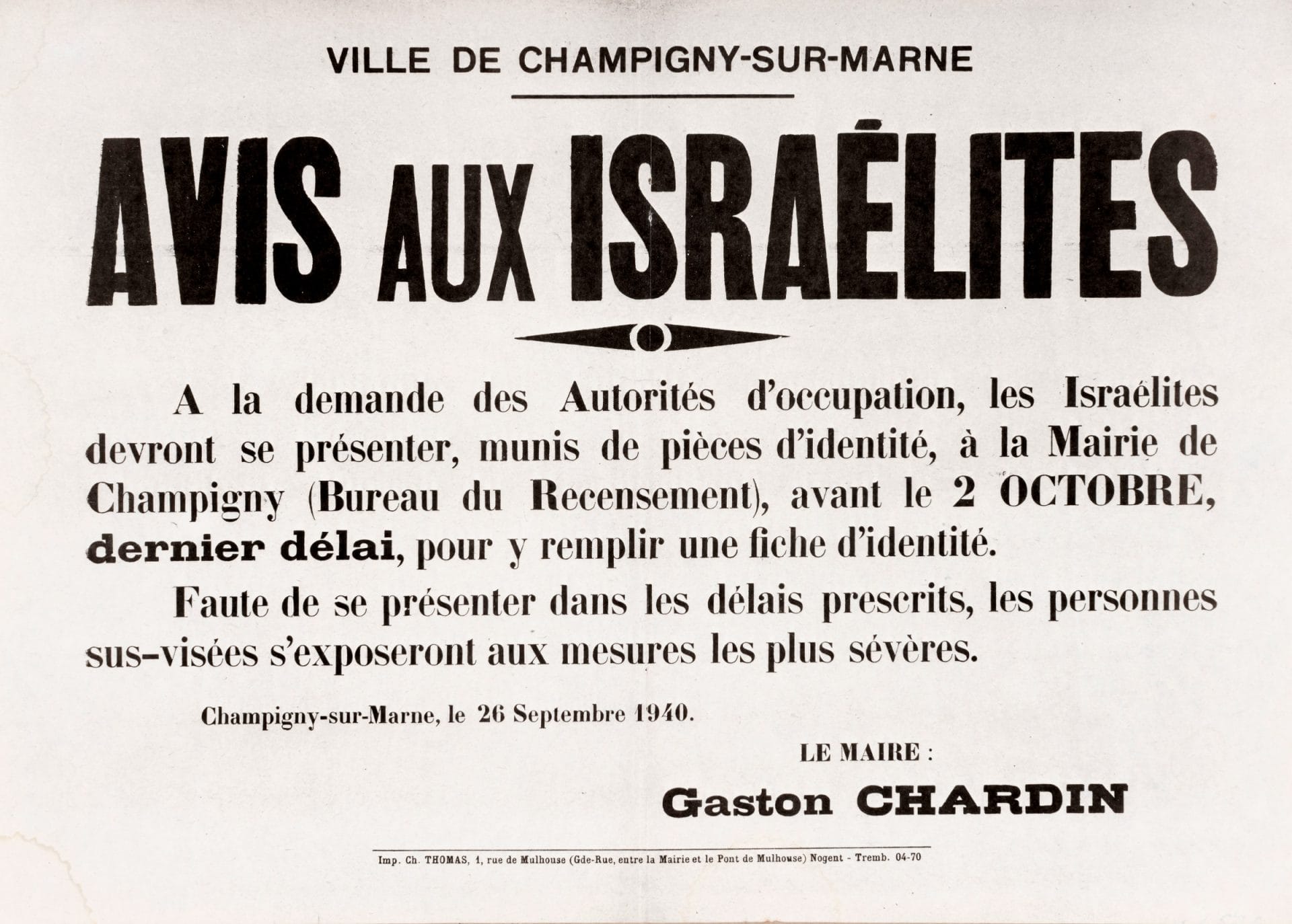2 - De la collaboration à l’antisémitisme d'État 53 s3.pa2 .020 recensement 26sept 1940 MRJ MOI