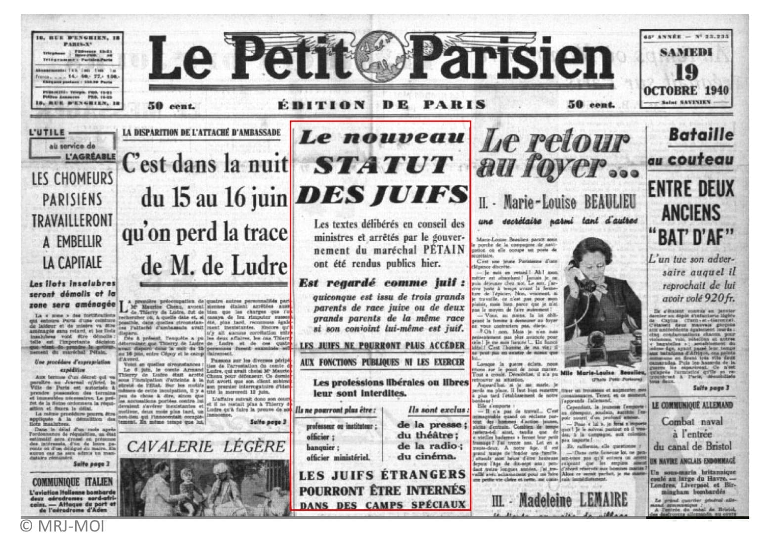 1 - Premier statut des Juifs 24 s4.pa1 .003 petit parisien 19 oct 1940 mg MRJ MOI