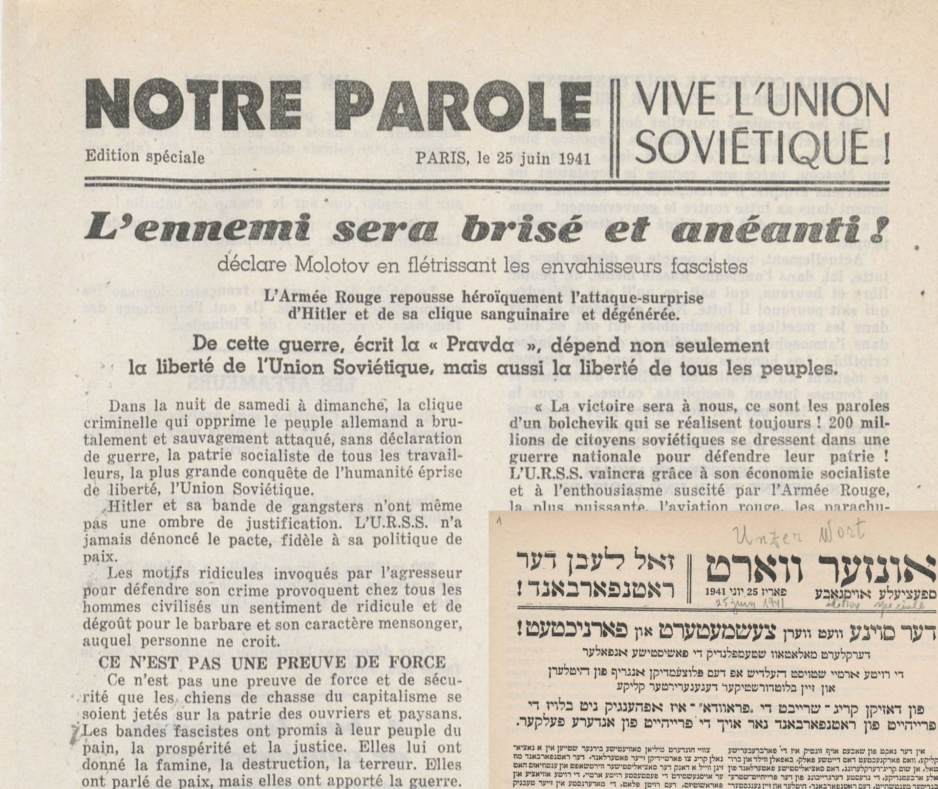 1 - L'invasion de l’URSS par les nazis : vers la guerre mondiale 21 s5.pa1 .005 unzer wort 25 juin.mg scaled MRJ MOI