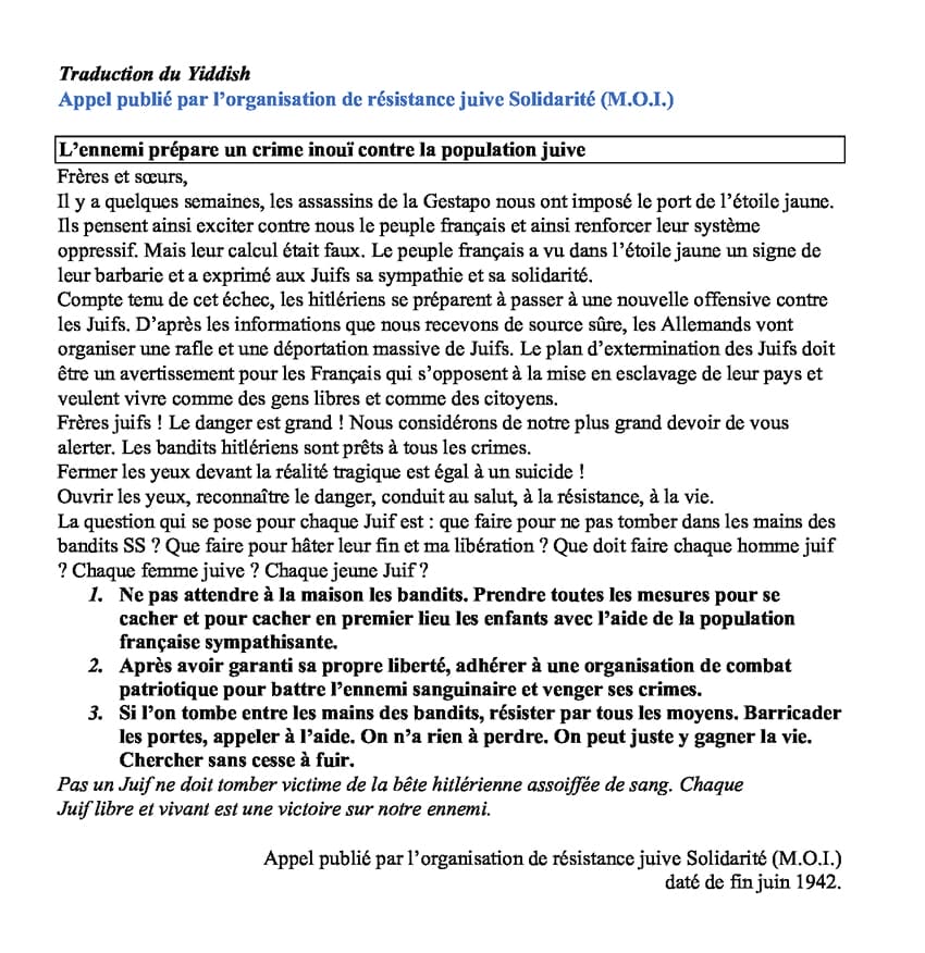 3 - L'appel de « Solidarité » – la Rafle du Vel’d’Hiv 50 s8.pa3 .014 appel desobeissance trad.1942 min MRJ MOI
